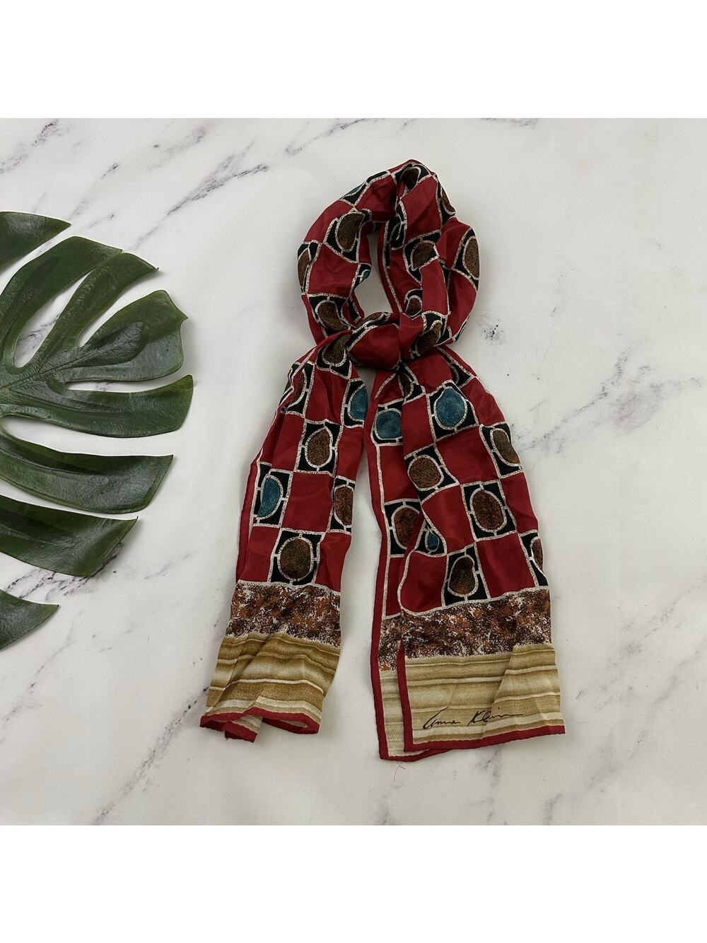Anne Klein Womens Vintage 90s Silk Scarf Red Blue Geometric Print Rectangle